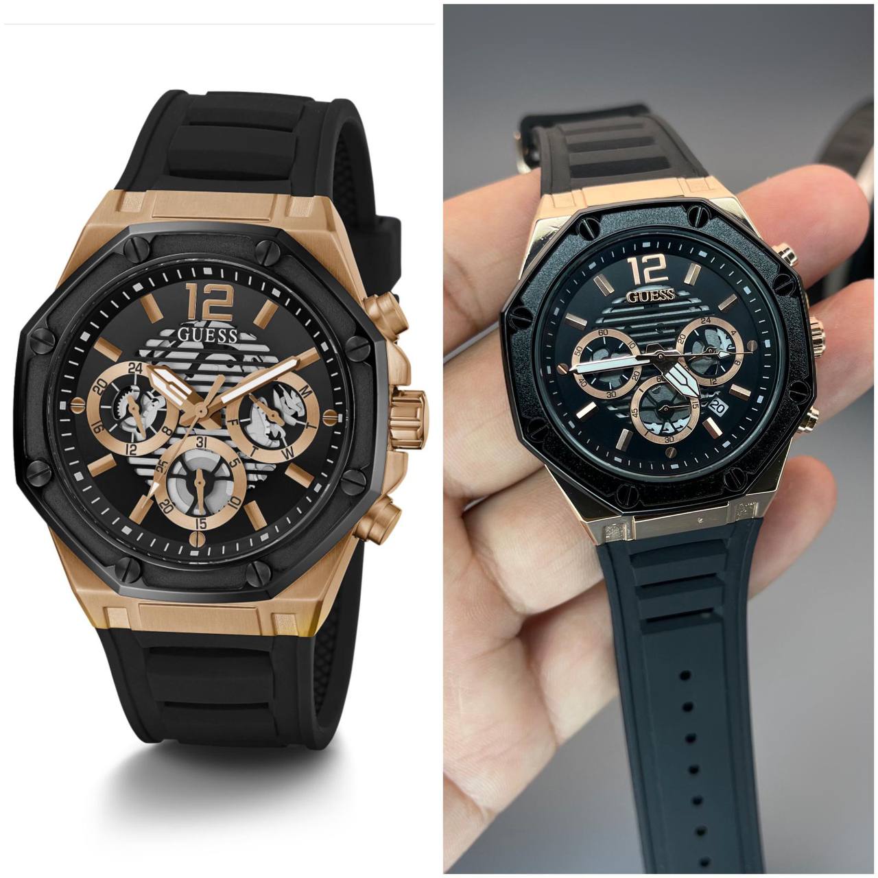 Guess Rose Gold Black Silicone Watch Store India