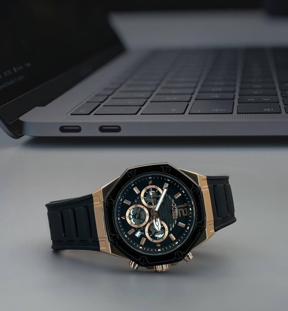 Guess Rose Gold Black Silicone Watch Store India